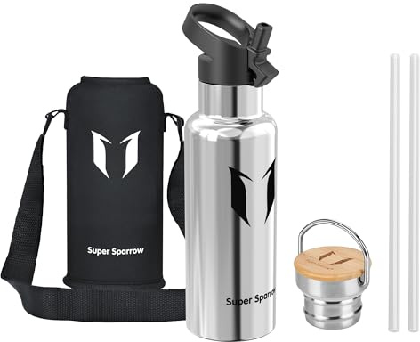 Sparrow Edelstahl Trinkflasche- 0.5L/0.75L/1L- Thermosflasche mit Strohhalm | Wasserflasche Auslaufsicher, Thermoskanne BPA-Frei & Kalt & Heiß - TwistTrail mit Trinkhalmdeckel, Ringdeckel &Sleeve