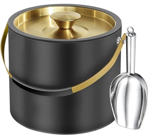 3.2L Moderner isolierter Eiskübel mit Silikondeckel, Schaufel, Sieb, doppelwandiger Eiskübel aus Edelstahl für Partys & Cocktailbar, ideal als Geschenk(Schwarz)