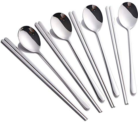 Buyer Star 4-Teiliges Set Löffel und Essstäbchen, Tafelservice aus 18/10 Edelstahl, koreanische Essstäbchen (8 Stück, Silber)