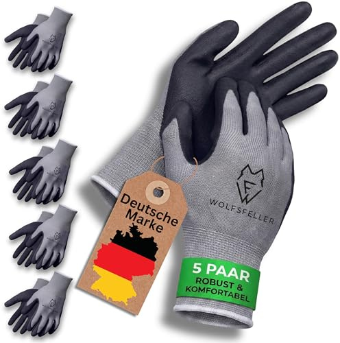 WOLFSFELLER Premium Arbeitshandschuhe Herren Gr 9 | 5 Paar Robuste & Komfortable Montage-Handschuhe Damen | Mit Langlebiger Nitril-Beschichtung