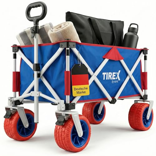 TIREX by xonic® Bollerwagen Faltbar PU XL Rädern aus Vollgummi – Strand & Garten Faltbarer verstellbarem Griff & Fußbremse – Robuster Transportwagen für Kinder & Camping (PU XL Räder, White'n Red)
