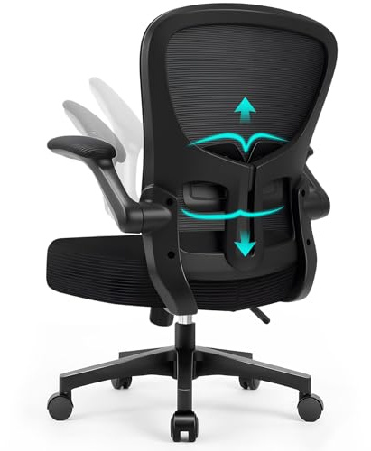 Durrafy Bürostuhl,Schreibtischstuhl Ergonomisch mit Hochklappbaren Armlehnen,Einstellbarer Lendenstütze,Höhenverstellbarer Chefsessel Drehstuhl,Netzstuhl mit Wippfunktion bis 130°,Schwarz