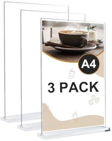 Samamoca 3 Stück T-Ständer Aufsteller Doppelseitiger Vertikaler Menükartenhalter,A4 Acrylic Table Sign Holders,Tischaufsteller,Plexiglas Aufsteller A4 Für Restaurants,Cafés,Büros,Fotos