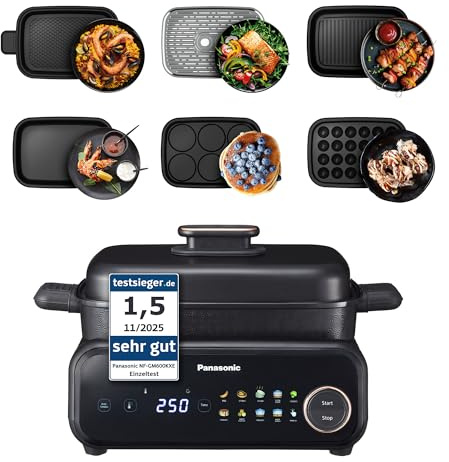 Panasonic NF-GM600 6-in-1 Elektro-Multikocher, Elektro Tischgrill, Testsieger 1.5, Plancha, Braten, Slow Cook, BBQ, Dämpfen, Sautieren, 1400W, 40–250 C, 9 Auto-Modi, 6 Antihaftplatten, Rauchabsaugung