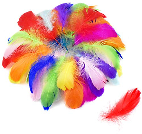 volumoon 100 Stück Bunte Federn, Federn Zum Basteln, Gänsefedern, Feder Deko, Bastelfedern Bunt, Indianer Bastelfedern für DIY Ohrring, Traumfänger, Kopfschmucksfedern, Schulhandwerk, Hochzeit