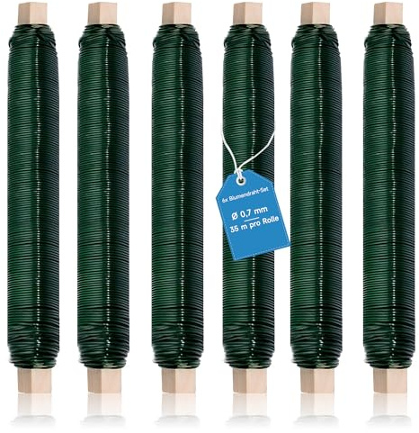 Qiareoiu 6X Blumendraht grün, 0,7mm Basteldraht, 35 m pro Rolle Floristendraht, Bindedraht grün, Wickeldraht lose auf Holzwickel zur Befestigung von Blumen und Pflanzen, Bindedraht Garten