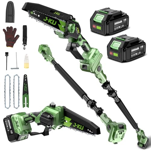 J-KU 2-in-1 Akku Teleskop Hochentaster, 6 Zoll Mini Kettensäge mit 2×4.0Ah Akkus & Ladegerät, Bürstenloser Motor, bis 4,8m Arbeitshöhe, Akku-Astsäge für Baumpflege und Gartenarbeit