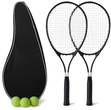 Amazon Basics Tennisschläger-Set, 2 Schläger 68,5cm, 3 Bälle, 2 Übergriffbänder, Leicht, für Erwachsene Anfänger, Schwarz