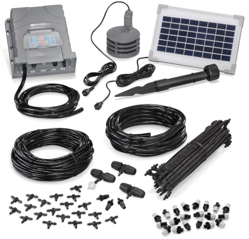 esotec Solar Bewässerungssystem Sprühnebelbewässerung WaterSpray 101122 | Solar-Bewässerungssystem, 20 Nebeldüsen, 2 Bewässerungszyklen täglich, 0,5–8Min, 3,5Wp, Wasserstandssensor, Akku wechselbar