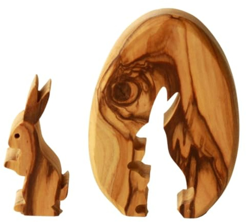 Kassis Geschenkartikel Osterhase Holzfigur im Ei 7 cm – handgefertigte Osterdeko, Tischdeko aus Olivenholz – Dekofigur für Tisch, Osternest
