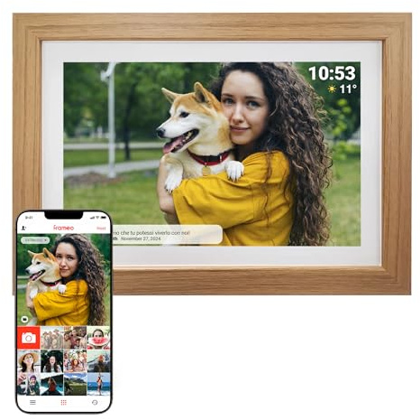 Denver Digitaler Bilderrahmen Holz 10,1 Zoll mit WLAN - FRAMEO Digital Photo Frame mit Touchscreen & 16 GB Speicher - Elektrischer Bilderrahmen mit App‑Steuerung - USB & microSD - Light Wood