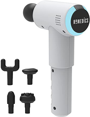 HoMedics Mini Massage Gun | Massagepistole | Tragbares Physiotherapie-Massagegerät, professionelle Physio-Tiefenmassage, Massager für die Faszien, 5 Massageköpfe, kabellos, wiederaufladbar - Weiß