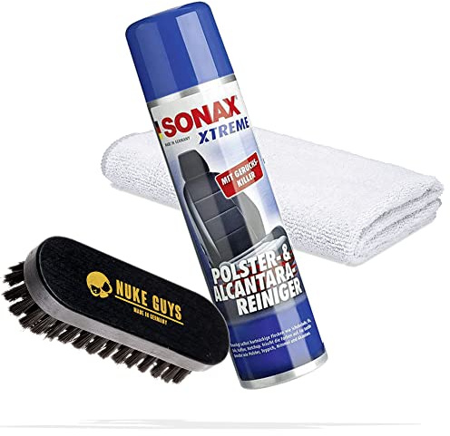 detailmate Set zur Reinigung und Pflege von Leder, Polster & Textilien | SONAX XTREME Polster-Reiniger 0,4L + Nuke Guys Bürste S + Mikrofasertuch