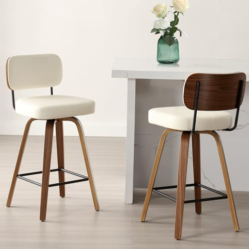 Bekrvio Barhocker 2er Set mit Lehne, 360° Drehbar aus Holz, Sitzhöhe 65 cm, Extra Starke Polsterung 7 cm & Pflegeleichtes Kunstleder, Belastbar bis 150 kg, für Kücheninsel & Theke, Weiß