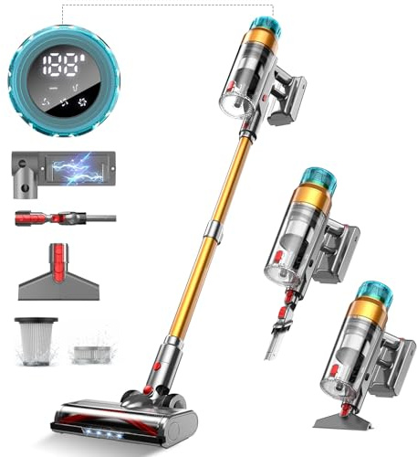 55000Pa/600W Akku Staubsauger Kabellos 55Mins Laufzeit, Wandmontierte Ladestation, Akkustaubsauger Cordless Vacuum Cleaner mit Smart Display Anti-Verhedderung-Bürste für Teppich Hartboden Tierhaare
