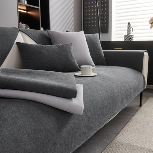 CJJZFO Sofa Überzug Weiche Chenille Sofabezug: Hund Katze Sofaschoner Anti Rutsch Vintage Couch Überzug für U Form L Form Sektionssofa für 1 2 3 4 Sitzer Sofa (Dunkelgrau, 90 * 160cm)