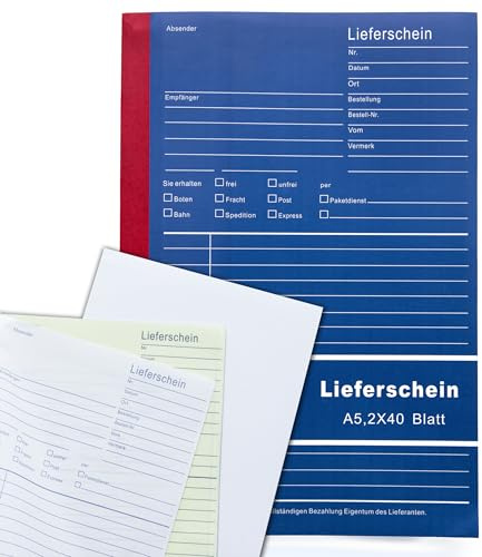 Lieferscheinbuch A5 2x40 Blatt Selbstdurchschreibend Lieferscheinformular mit Schreibeinlage (10 Bücher)