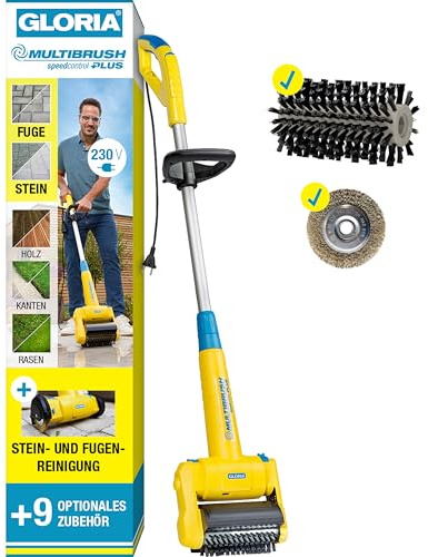 GLORIA MultiBrush speedcontrol PLUS I Elektrische Reinigungsbürste für Stein, Fugen, Holz, Kanten & Rasen | Für Terrasse, Wege & Garten | 11-in-1 Oberflächenbürste | Inkl. Fugenbürste & Steinreiniger