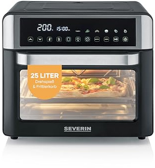 Severin 2-in-1 Toastofen & Heißluftfritteuse, Air-Fryer, 25L, 12 Auto-Programme, 2200W, mit LED-Display, Timer, inkl. Backblech, Grillrost, Frittierkorb, 40-220°C, schwarz-silber, TO 9579