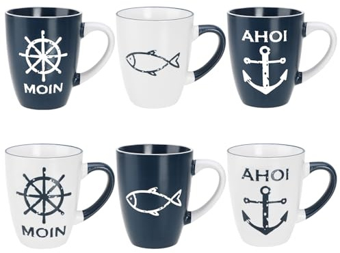 com-four® 6x Keramik-Kaffeebecher, 350 ml Trinkbecher, Maritime | Maritime Kaffeetassen für Zuhause und Büro, Kaffeeservice für kalte und heiße Getränke