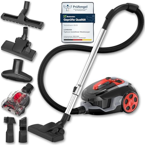 Lehmann Typhoon beutelloser Staubsauger 4000 Watt | beutellos Zyklon Staubsauger mit Set von Aufsätzen | leistungsstarker Staubsauger mit Düsensatz | HEPA Filter, Turbobürste, Staubbehälter 2,5L