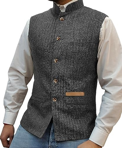 Yiaisafa Jagd Herren Stand-Up Kragen Mock Tweed Westen Retro Herringbone Weste Vintage Hochzeit Gilet Wollen Bräutigam