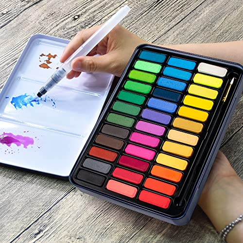 Stationery Island Aquarellfarben Set, Wasserfarben inklusive Pinsel und Wasserpinsel, 36 Farben in Aquarellkasten, Perfekt für Künstler, Hobbymaler und Anfänger, ideal für kreative Reisen