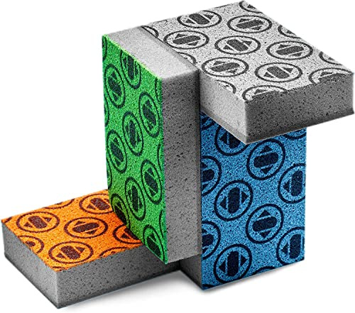 SKURA STYLE S Schwamm-Set – Moderne, geruchsfreie Reinigungsschwämme mit Nicht scheuerndem Scheuerschwamm für Geschirr & mehr Orange, blau, grün, grau 4 Schwämme