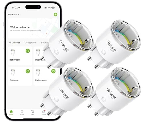 GHome Smart WLAN Steckdose, Kleinste Smart Home Steckdose mit Strommessung, App- und Sprachsteuerung, Funktioniert mit Alexa/Google Home, Zeitplan,TÜV-Zertifiziert, 10A, 4er Pack, Nur 2,4GHz WiFi