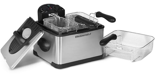 Elite Gourmet EDF-401T Elektrische Öl-Fritteuse, 3 Behälter, 1700 W, Timer-Steuerung, einstellbare Temperatur, Deckel mit Sichtfenster und geruchsfreiem Filter