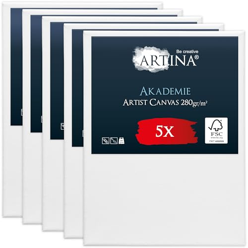Artina FSC® Keilrahmen 5er Set Akademie 30x40 cm – Leinwand Set Maltuch aus 100% Baumwolle Leinwände 280 g/m² - Keilrahmenset Leinwand zum Bemalen für Acryl-, Aquarell-, Ölfarbe uvm