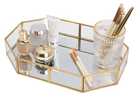 SLHEQING Spiegeltablett Gold Deko Tablett Vintage Make up Organizer, Verlobungstablett Metall Kosmetiktablett Schminktisch Organizer