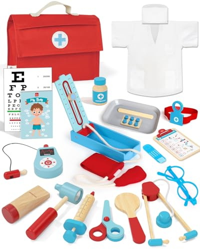 Lehoo Castle Arztkoffer Kinder Holz mit Kittel, Jungen ab 3 Jahre (Blau) | Doktorkoffer Kinder mit Stethoskop, Arzttasche, Thermometer, Medizinische Spielzeug, Geschenk für Kinder 3-5, Rollenspiele
