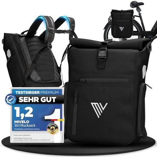 MIVELO 3in1 Fahrradtasche für Gepäckträger I Rucksack & Gepäckträgertasche hinten - in 15 Sekunden umgebaut I Fahrradrucksack 100% wasserdicht I Tasche Fahrrad (Schwarz, EVO 25L)