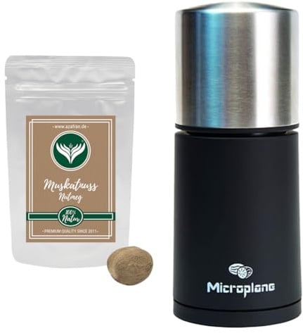 Microplane Gewürzmühle/Muskatmühle silber-schwarz Set mit 1 x Probepackung Azafran Muskatnuss