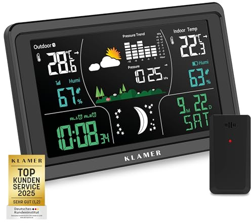 KLAMER Wetterstation Funk mit Außensensor, Digitale Funkwetterstation, Temperaturwarnung, Raumthermometer innen und außen, Wecker, Barometer, RCC Funkuhr, Batteriebetrieb und Netzbetrieb, schwarz