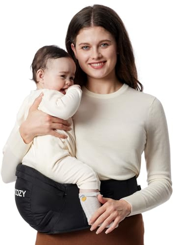 Momcozy Hüftsitz-Babytrage - Originaler 3D-Bauchschutz & EVA-Massageplatte, mit verschiedenen Taschen für Neugeborene und Kleinkinder bis 20 kg(Schwarz, Groß)