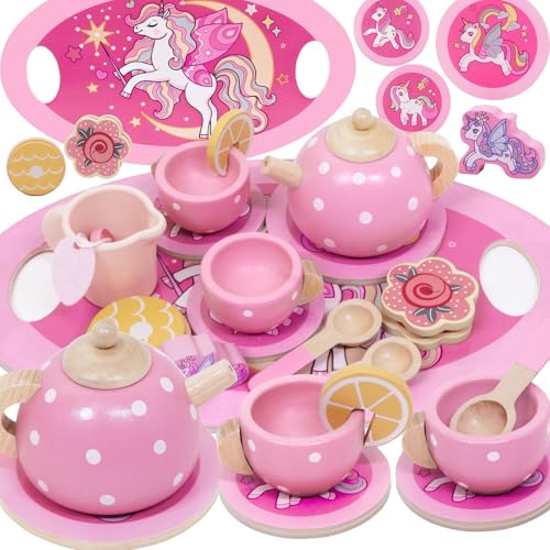 Geschenk Mädchen 2-6 Jahre,Einhorn Geschenke für Mädchen Einhorn Teeservice Kinder Holz Spielzeug ab 2 3 Jahre Teeparty Kinderküche Spielküche Zubehör Rollenspiel Kinder Spielzeug Geburtstagsgeschenk