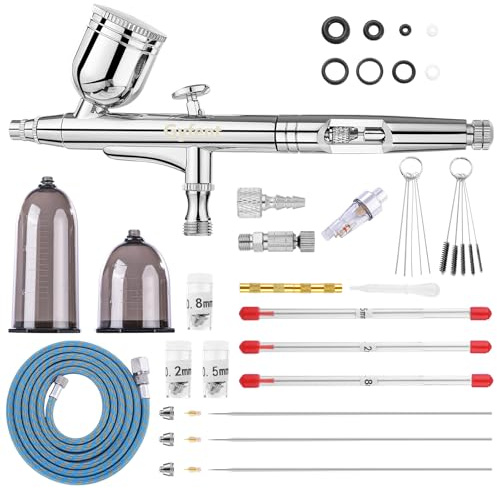 Gyfent Airbrush Set, Airbrushpistole mit 4 Schnelltrenn-Düsen (0,2/0,3/0,5/0,8 mm) Dual-Action-Schwerkraft Air Brush mit 1/4oz Flüssigkeitsbecher und 20/40ml Harzbecher für Nagelkunst Make-up Malerei