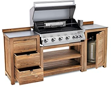 Outdoor Grill-Küche 3-teilig aus Teak-Holz, inklusive 6-Brenner Built-In Edelstahl-Gasgrill Merlin 641