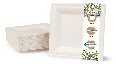 GREENBOX Umweltverträgliches Bagasse Geschirr Einweg | 50 Stück Zuckerrohr Teller weiß eckig gebleicht 26x26 cm | Bio Einweggeschirr Speiseteller Einwegteller Partyteller Einmalgeschirr