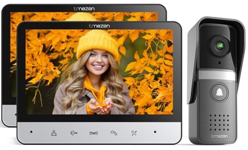 TMEZON Video Türsprechanlage 4-Draht,Türsprechanlage mit Kamera,2 * 7" Monitor mit kabelgebundener Türklingel, Nachtsichtgerät,Live-Ansicht und Konversation,Entsperren durch Monitor,Für 1 Familie