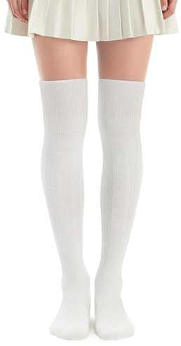 Telooco Overknee Strümpfe Damen Weiß Gestreifte Kniestrümpfe 50cm Lang Baumwoll Overknee Socken Lolita Zopfmuster Thigh High Socks Beinwärmer Baumwollsocken für Damen Mädchen (Weiß, Schwarz)