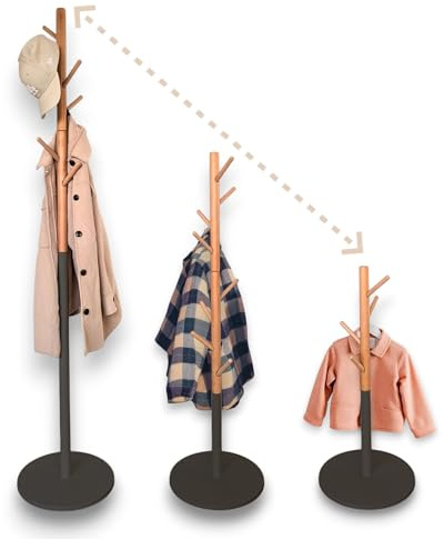 Lamavia Garderobenständer, Kleiderständer, höhenverstellbar für Kinder und Erwachsene, aus Massivholz und Metall 8 Haken - Garderobe - Kleiderstange - Organizer - Handtuchhalter (Schwarz)