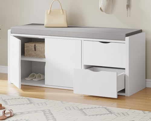 LVB Sitzbank mit Stauraum, Schuhbank mit Sitzfläche, Gepolstert, Multifunktionale schuhregal mit Schublade für Flur, Wohnzimmer, Schlafzimmer, Aufbewahrungsbox bis 150kg belastbar, 101x45x34cm, Weiß