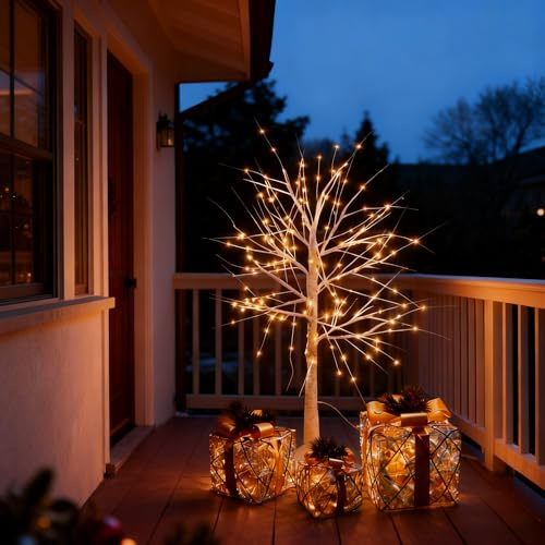 CCLIFE Led Lichterbaum Innen Aussen Weihnachten, Led Baum Innen | Birkenbaum Lichterdeko, Warmweiß, IP44, 120cm, 150LED
