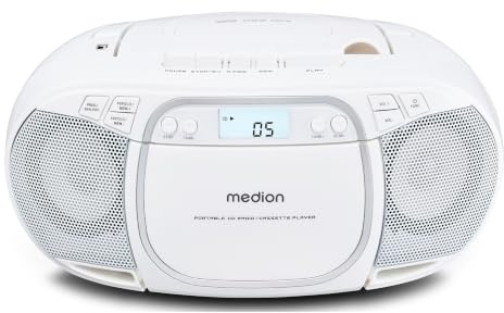 MEDION E66476 Stereo Sound System (Boombox, CD-Player, MP3, Kassette, tragbarer Kassettenspieler für Kinder, UKW Radio, AUX, Kopfhörer, Netz & Batterie) weiß