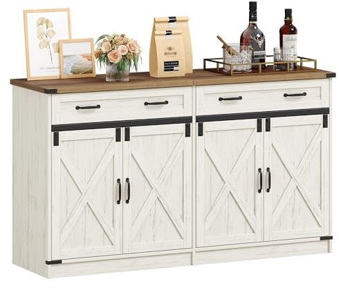 Hzuaneri Sideboard, Buffetschrank mit 2 Schublade, 4 Türen | Küchenschrank, Landhausstil, Küche, Wohnzimmer, 40 x 140 x 80 cm, Vintageweiß-honigbraun, SC94814X
