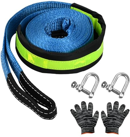 Abschleppseilgurt, 10 Tonnen, robustes Abschleppseil, 5 m x 5 cm, Erholungsgurt mit zwei Sicherheits-U-Ring-Haken, 2 Handschuhen, Pannen-Erholungsgurt, für Abschleppauto/Off-Road