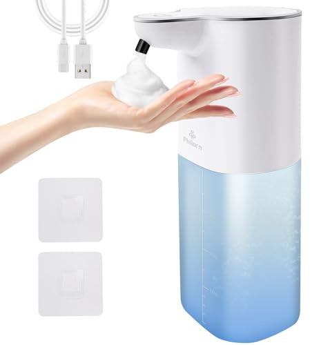 Philorn Seifenspender Automatisch zur Wandmontage, 400ml Elektrischer Schaumseifenspender mit Sensor ohne Bohren Soap Dispenser, 4 Stufen Verstellbar seifenschaumspender IPX5 (Weiß)